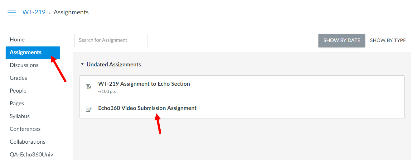 Student view of Canvas assignments list showing Echo360 video assignment for selection