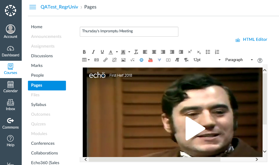 Canvas Add Page after embed code is pasted and returned to Rich text editor