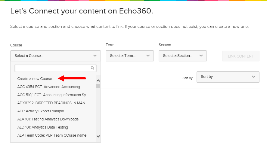 Select course drop-down list with create a new course option identified for steps as described
