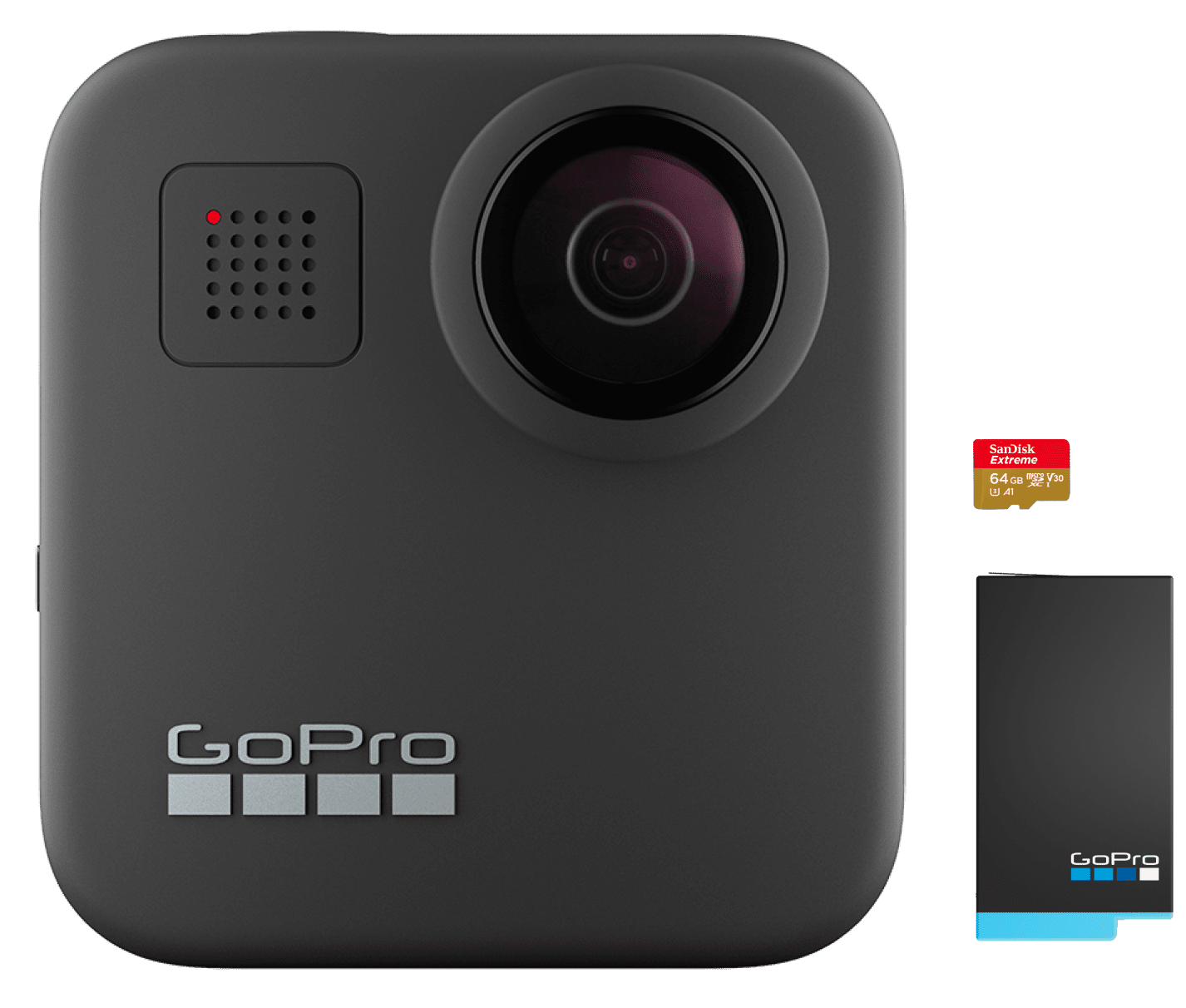 A Go Pro Max with a micro SD card and rechargable battery