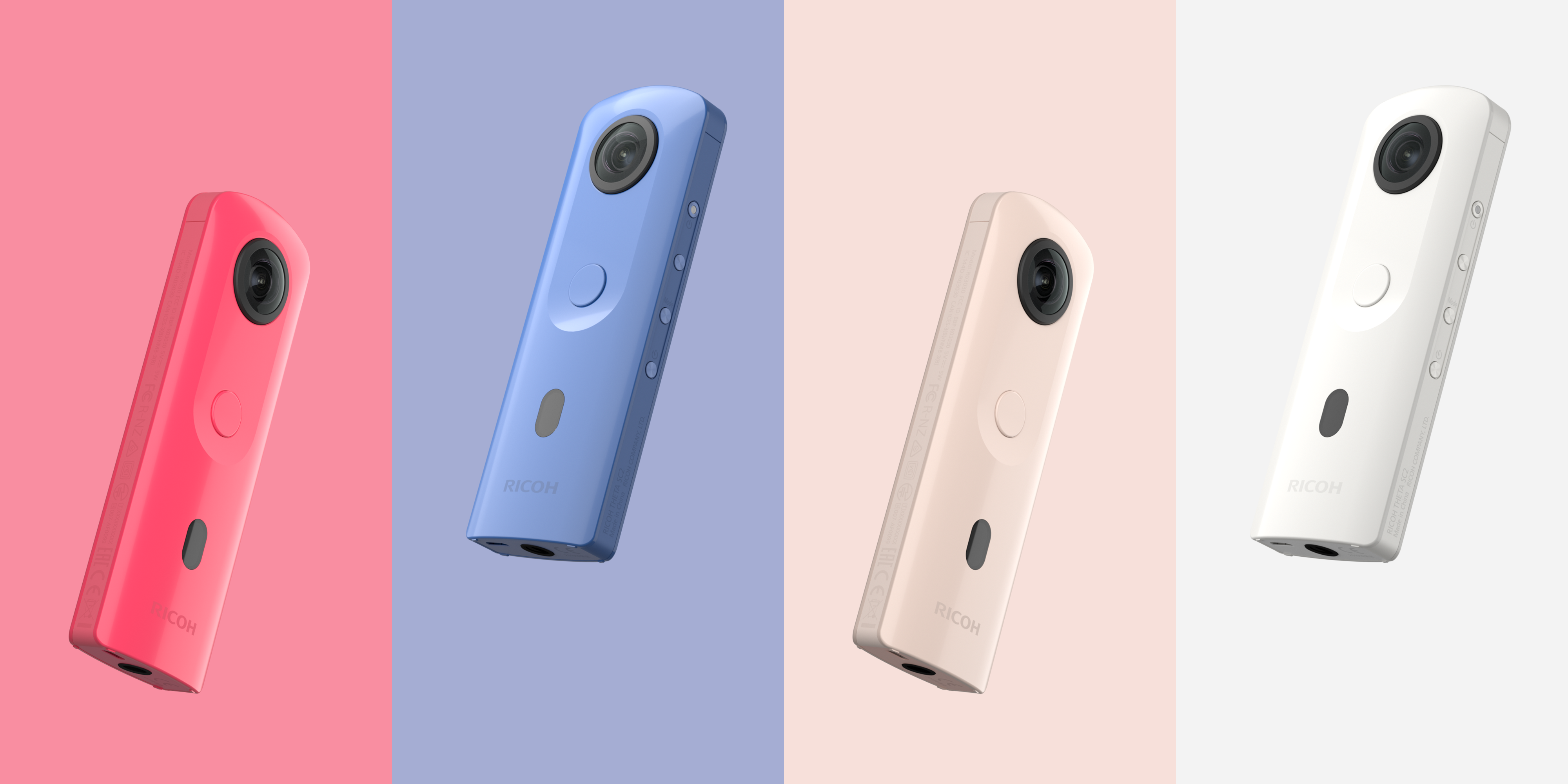 Ricoh Theta SC2 cameras in pink, blue, beige, and white