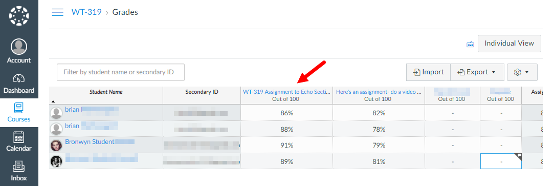 Canvas grades page for a course with exported Echo metric data as described