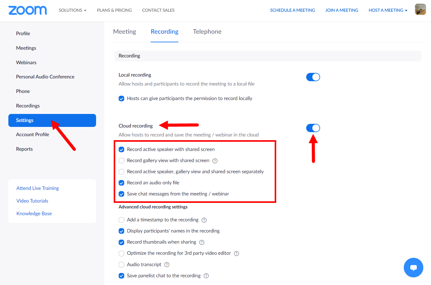 Zoom User Setting Page with recording configuration options identified as described