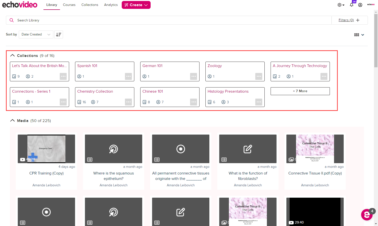 Library page with library option in main menu identified and collections panel of library page outlined containing tiles for selection as described