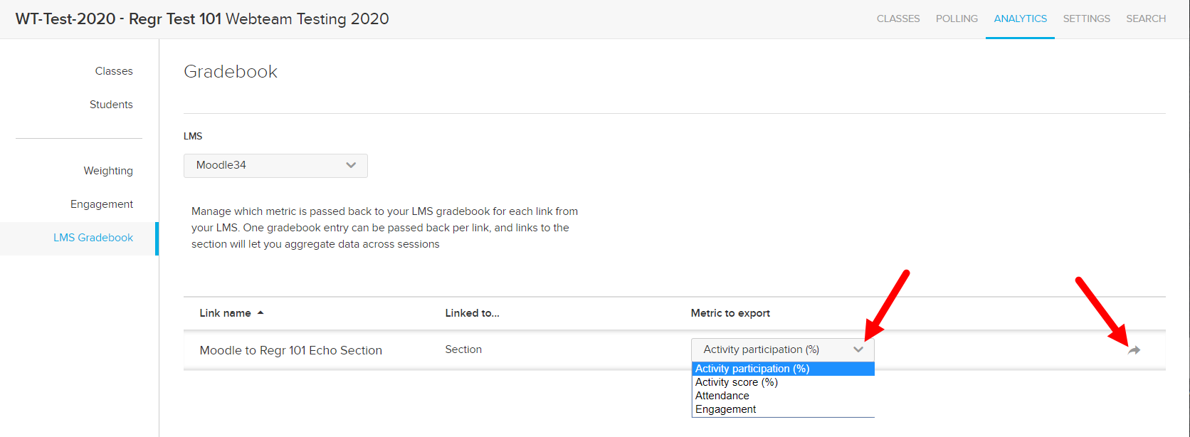 LMS Gradebook Exports metric selection list open with options shown and export icon identified for steps as described