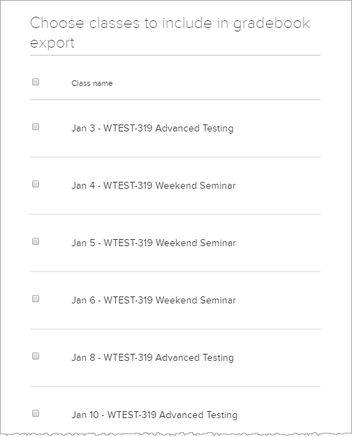 List of classes to aggregate for export to gradebook