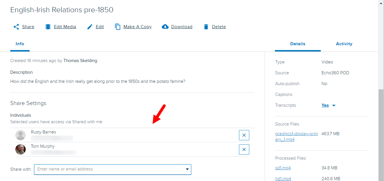 Share Settings area of media details page with individual shares listed as described