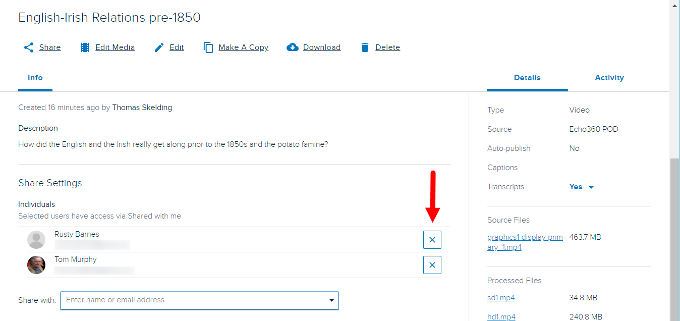 Share Settings area of the media details page with individual shares shown and unshare X icon identified as described