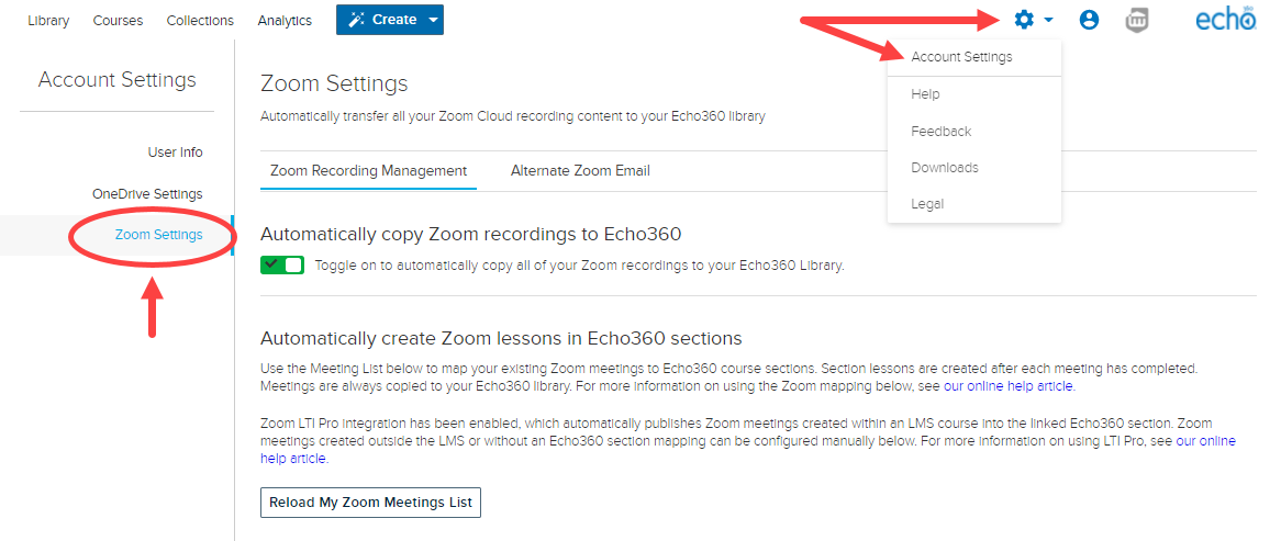 Account settings page showing Zoom Settings tab with navigation to the page identified as described
