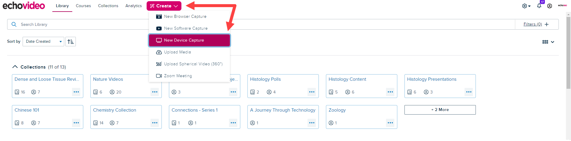 Create Button expanded with New Device Capture identified as described