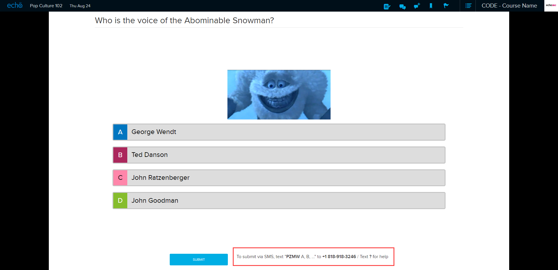 Student view of multiple choice poll with response selections and submit button as described