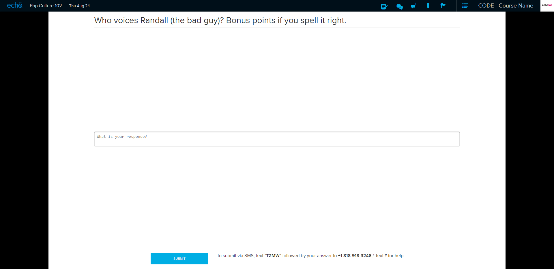 Student view of short answer poll with question and response field and submit button as described