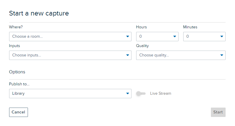 Start a new capture window with drop down menus to select the room/device to record from, duration, quality, publish location, and Live stream option if publishing to a course