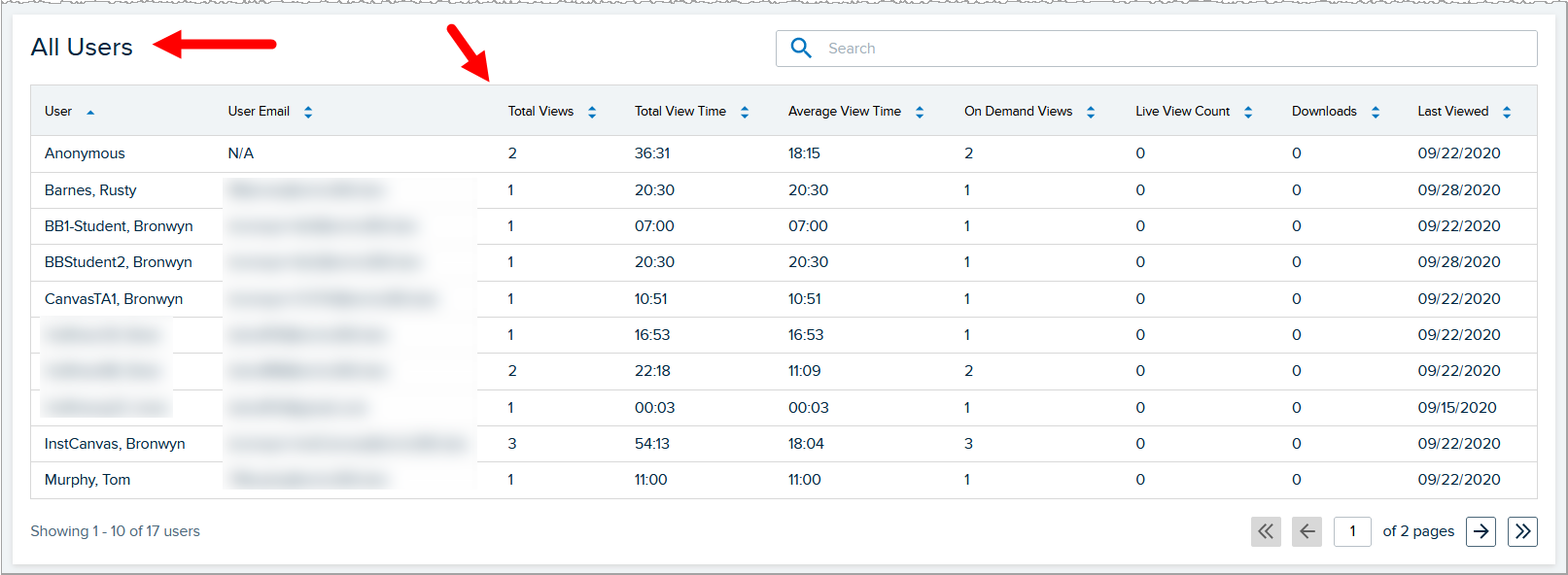 Users list for the media analytics tab showing the data as it will be contained in the download