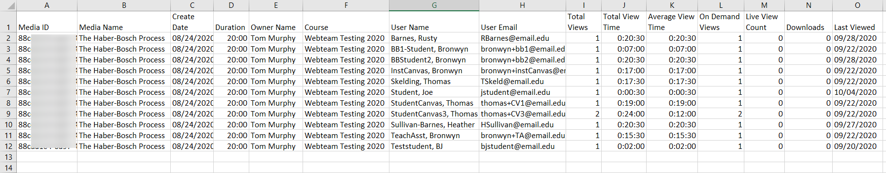 User view data download for an echo section with data fields and rows as described