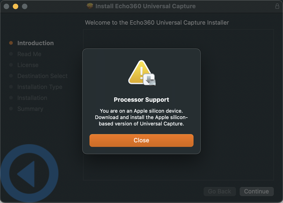 Example processor support message provided when attempting to use the wrong Mac installer