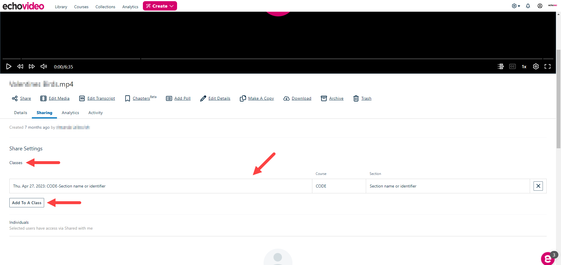 Media details page for a video showing  classes sharing area with existing class share and share to class button identified as described