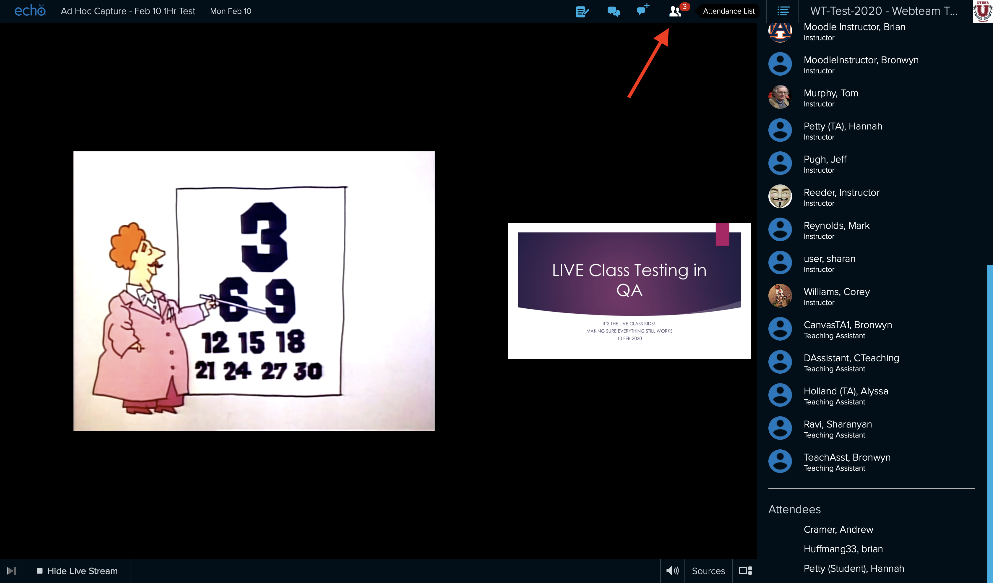 Live attendance button identified with panel open showing list of users viewing the stream