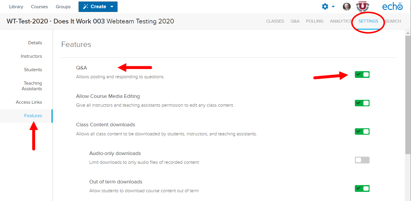 Section Settings Features page with Q and A option identified for steps as described