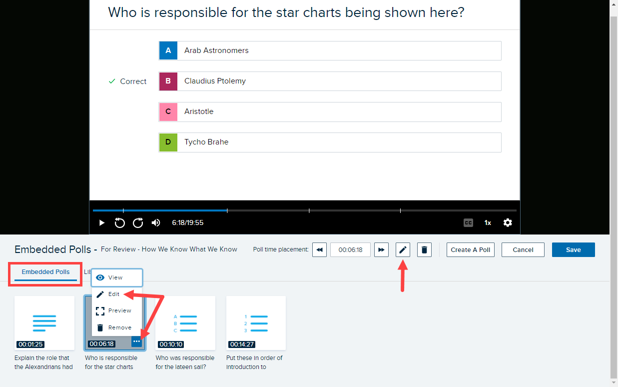 interactive media editor with poll selected and menu button option shown with selections for steps as described