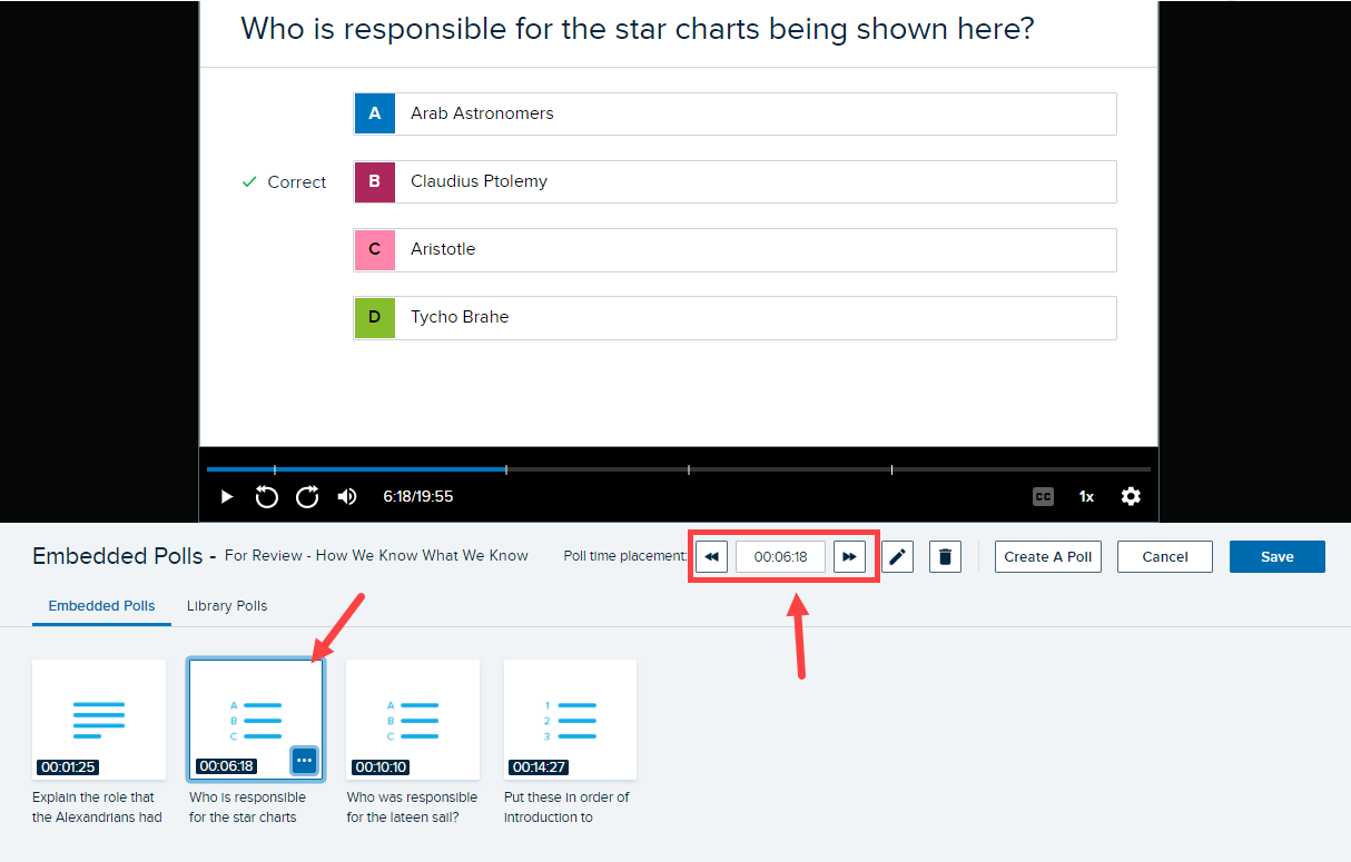 interactive media editor with poll selected and timestamp editing options identified for steps as described