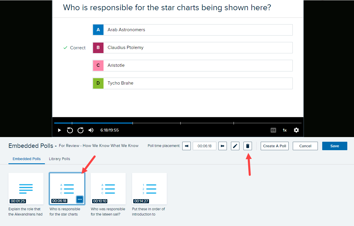 interactive media editor with a poll selected and the delete icon identified for steps as described