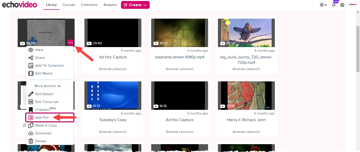 Video media tile in the library with tile menu open and add a poll option identified as described