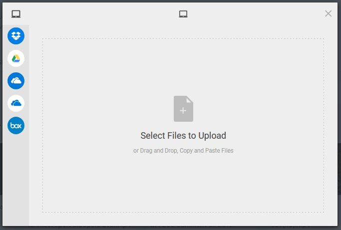 File picker dialog box with options for uploading media from a local or shared drive using steps as described
