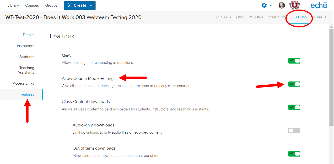 Section Settings Features with course media edits option identified for steps as described