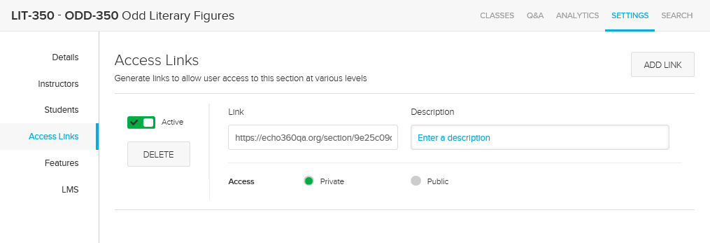 Section access link after creation with options as described