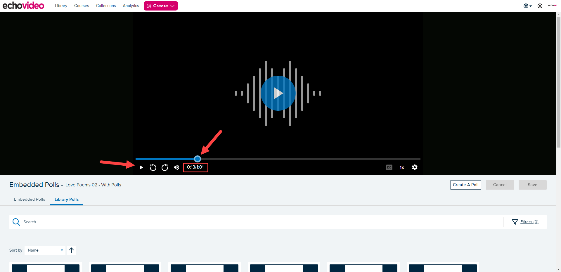 media details page for a video open and the play button and timestamp identified
