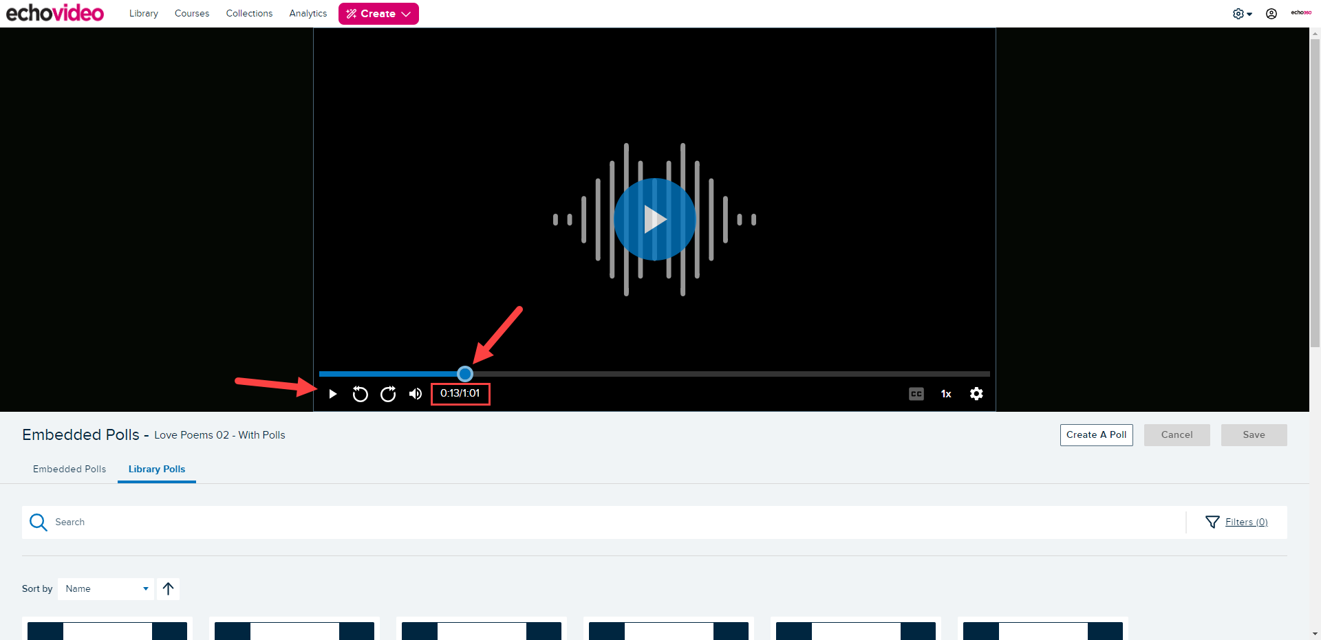 Media details page for a video open and the play button and timestamp identified