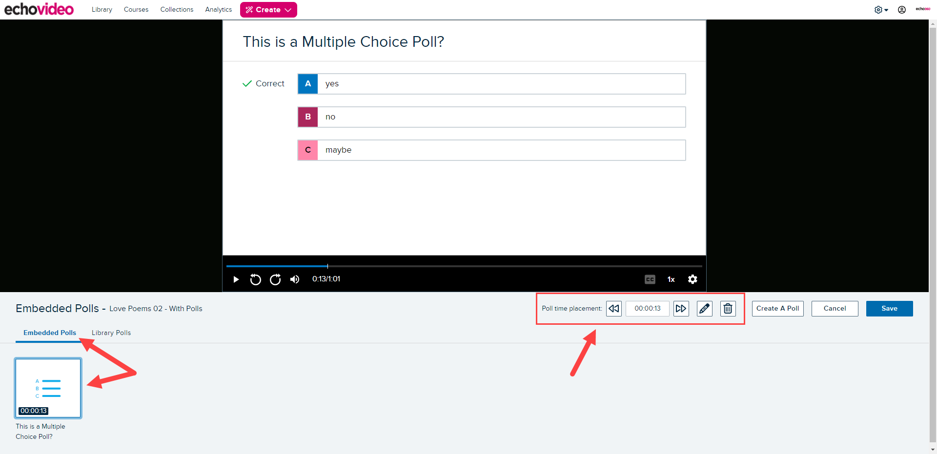 Media details page for a video open with a poll displayed and embedded polls and poll actions identified as described