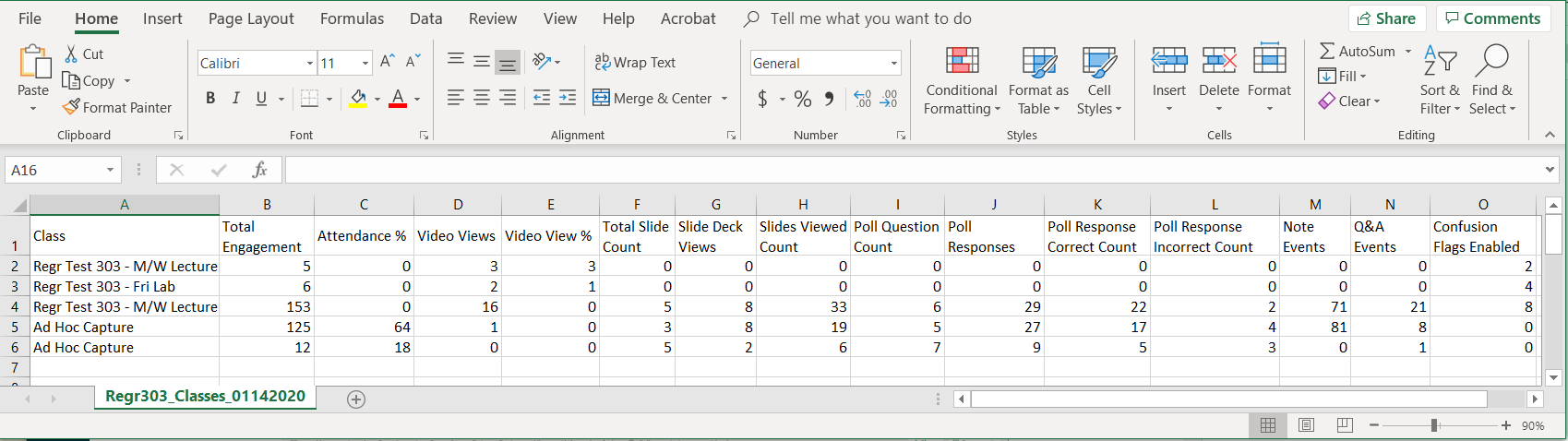 Sample export of Classes data showing all columns as described