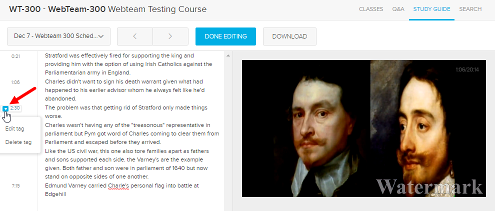 study guide notes with timestamp edit menu showing as described