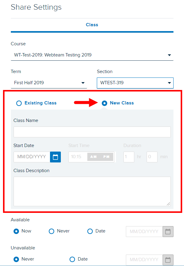 Share media to a class with new class option selected and fields for completion shown as described