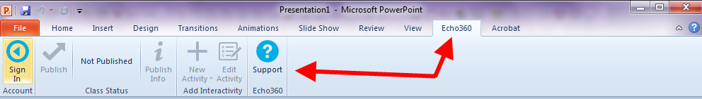 Powerpoint ribbon with user signed in and interactivity options enabled as described