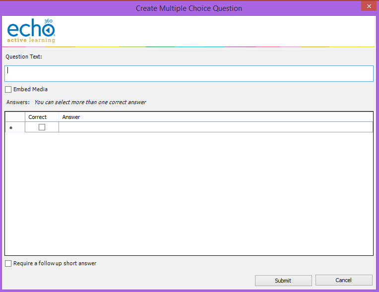 Create multiple choice question dialog box with options as described
