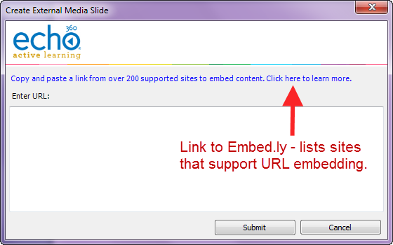 Create external media slide dialog box with link to Embedly site and ability to paste embeddable URL as described