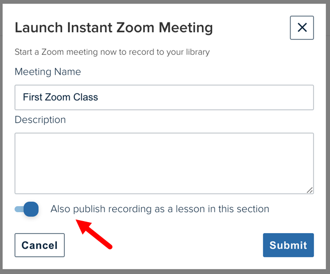 Instant zoom meeting configuration box that includes class name field for completion as described
