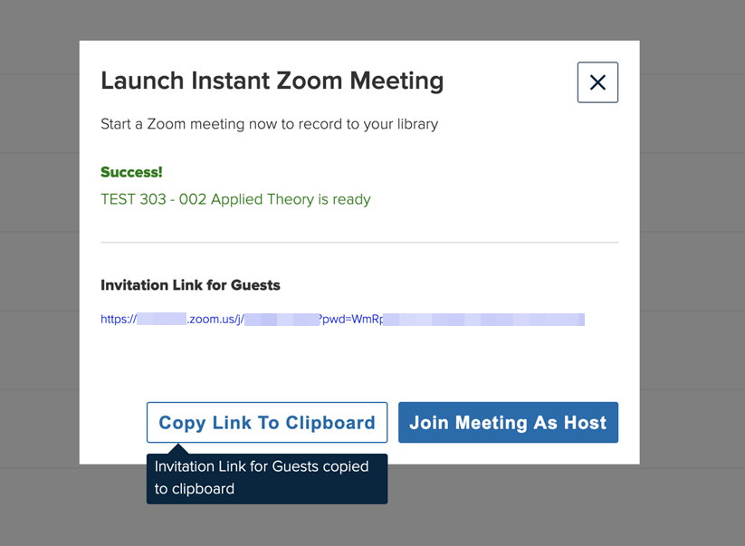 Zoom meeting configuration success dialog box with copy link and launch meeting as host options as described