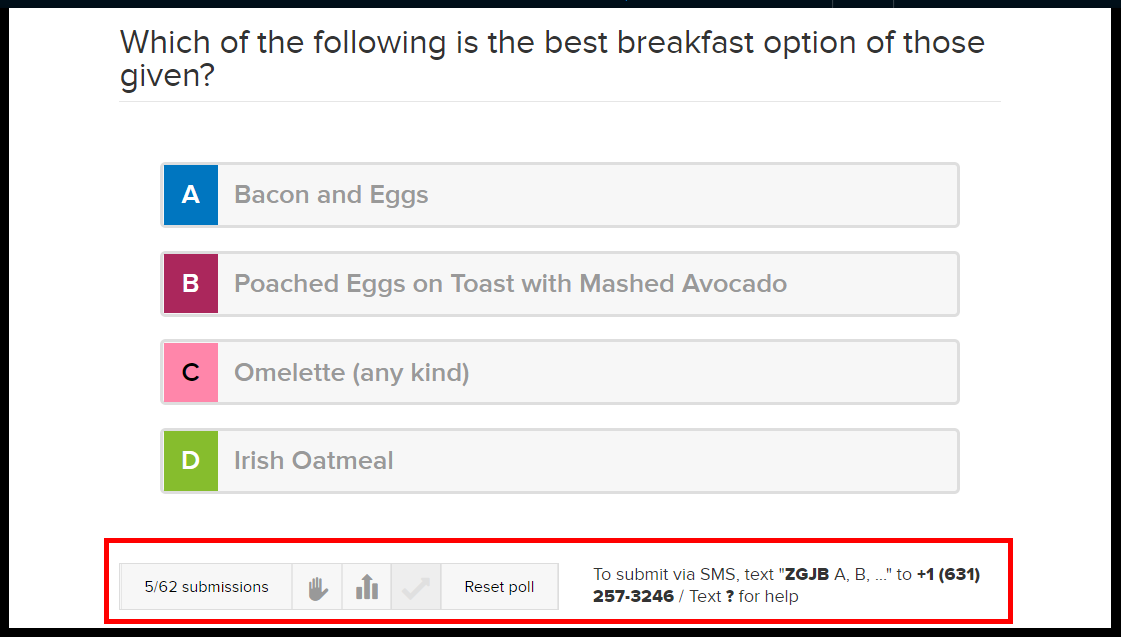 Instructor view of a multiple choice poll with poll results action buttons identified as described