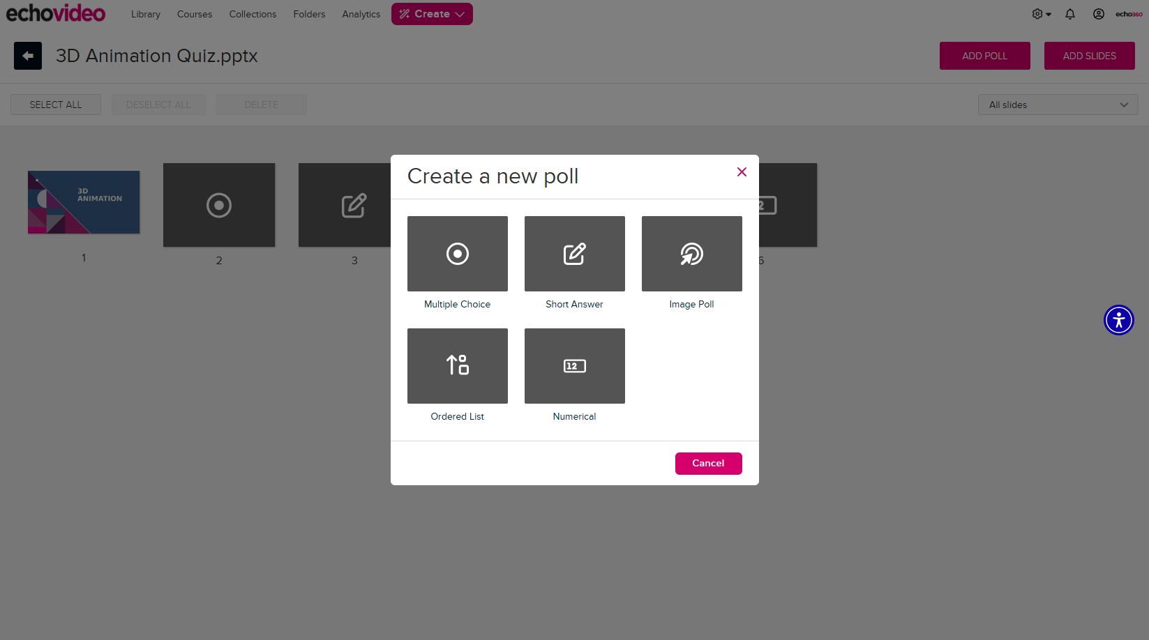 Presentation open with Add Poll button and Create a new poll window identified as described