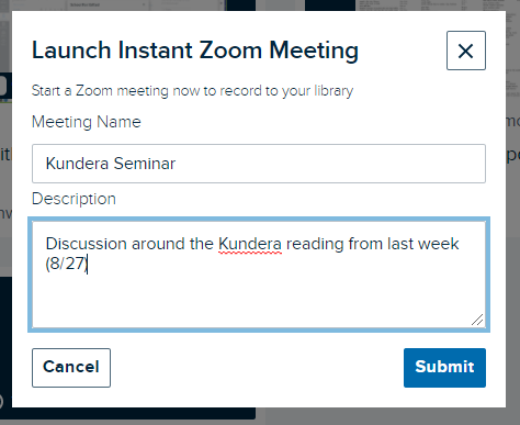 instant zoom meeting configuration box with title and description fields for completion as described