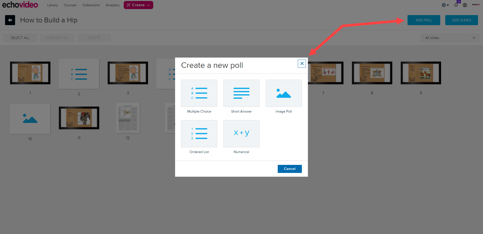 The Presentation Editor is shown with the Add Poll button identified and the create a new poll window with the five poll options and Cancel button displayed. Poll options are Multiple Choice, Short Answer, Image Poll, Ordered List, and Numerical