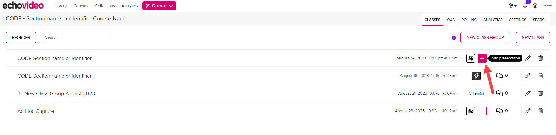 Class List shown with Add Presentation button identified