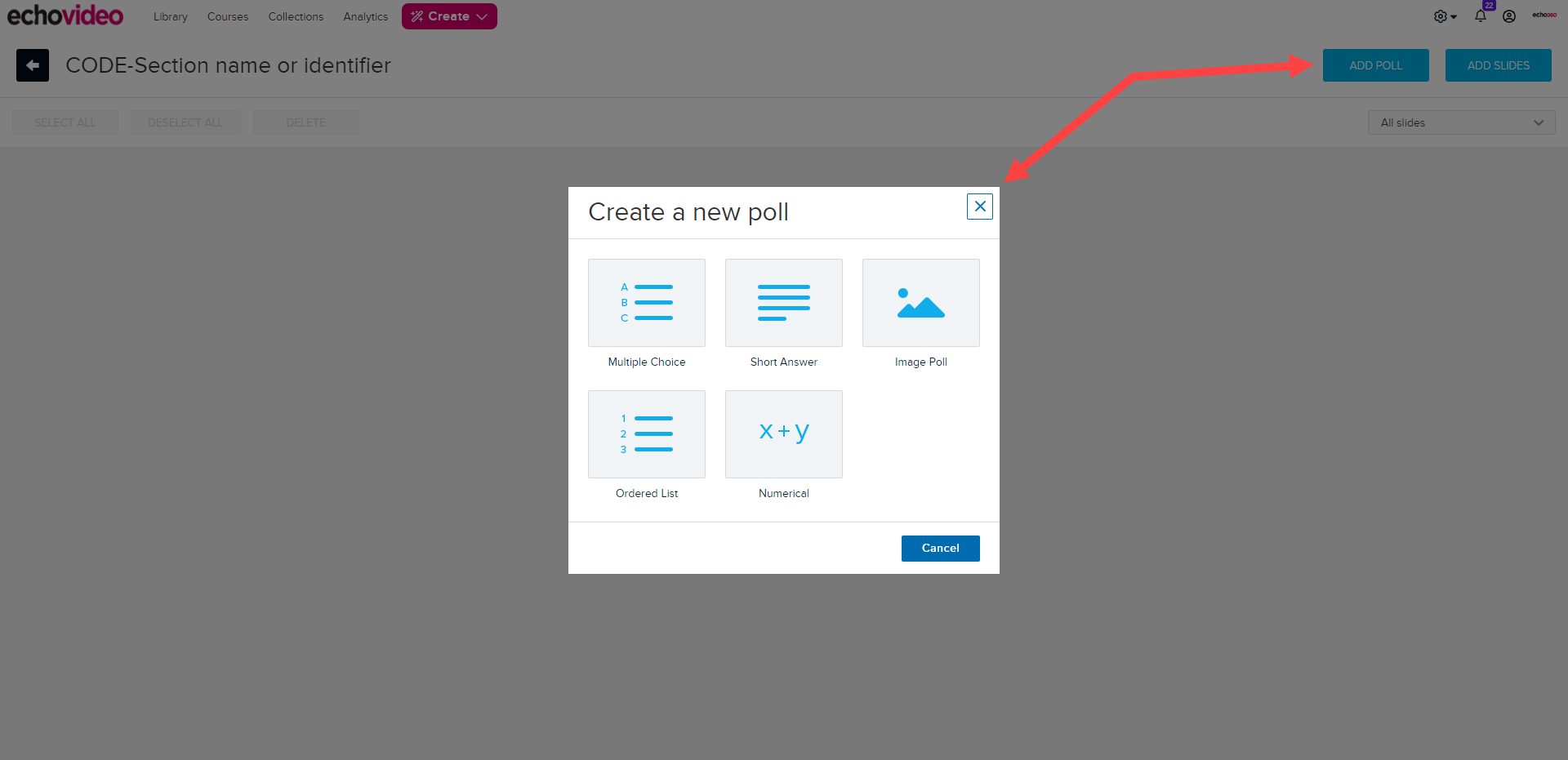 The Presentation Editor is shown with the Add Poll button identified and the create a new poll window with the five poll options and Cancel button displayed. Poll options are Multiple Choice, Short Answer, Image Poll, Ordered List, and Numerical