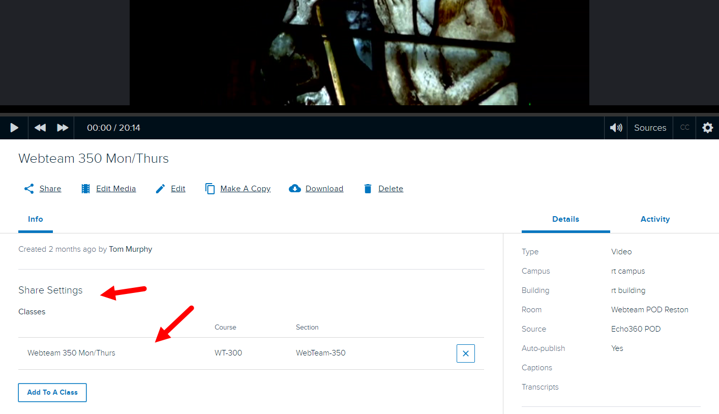 content details page showing Share settings section with class publishing information as described