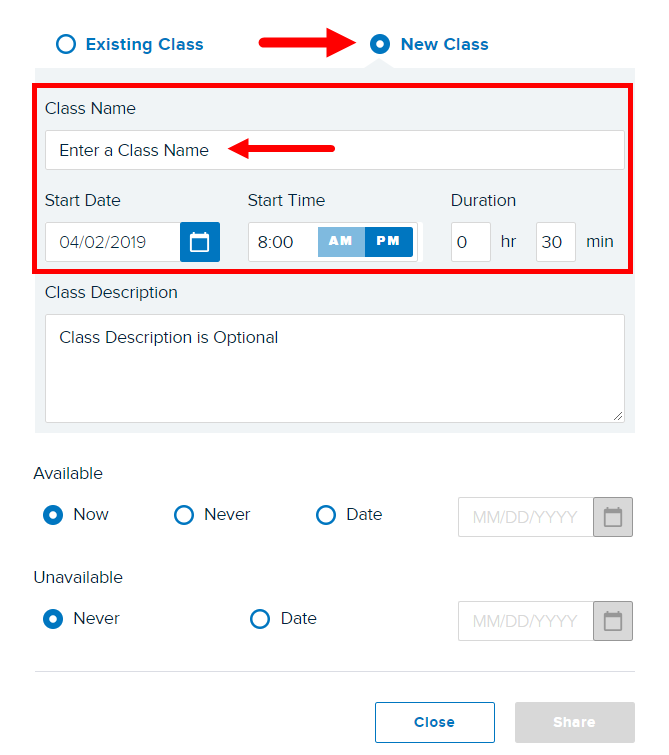 Share to class modal with new class selected and class details entered as described