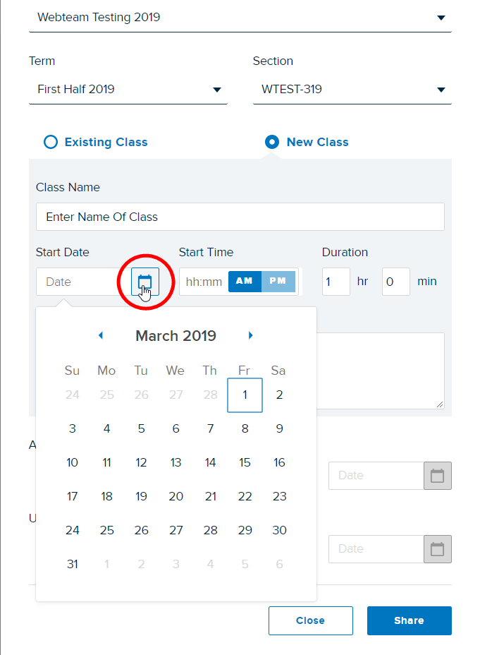 Share to New Class options selected with Date field active and Calendar date picker showing as described